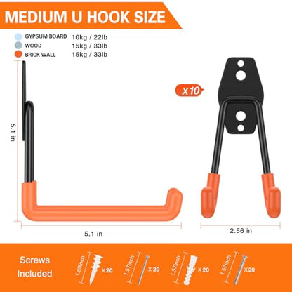 Garage Hooks Heavy Duty 10 Pack (5.1inch U Hook / Orange 10Pack)