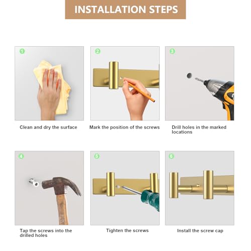 Wall Mounted Coat Rack ("T" Shape 5 Hooks - 1 Pack / Gold)