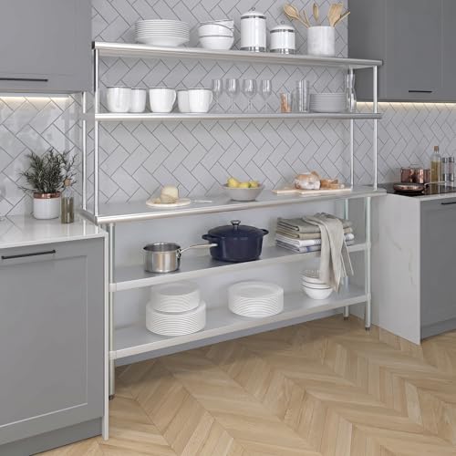 Stainless Steel Work Table with 2 Shelves & Overshelf (14" x 72" Table With 2 Shelves + 12" Overshelf)