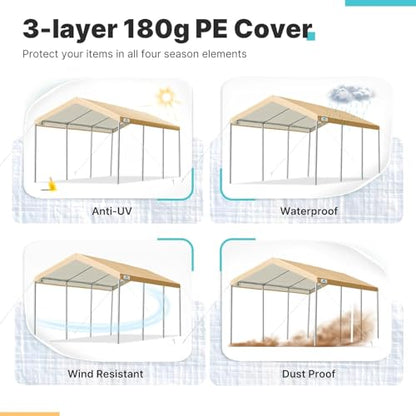 Carport Replacement Canopy Cover for Car Tent Top Garage Shelter Cover Tarp with Ball Bungees (Beige / 10' x 20')