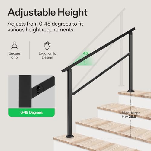 4 Step Stair Handrail 54"x36" Wrought Iron Porch Railing Black (Black / 4 Steps)