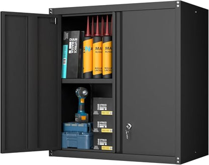 Locking Metal Garage Wall Cabinet with Doors and Shelf (28"H / Black)