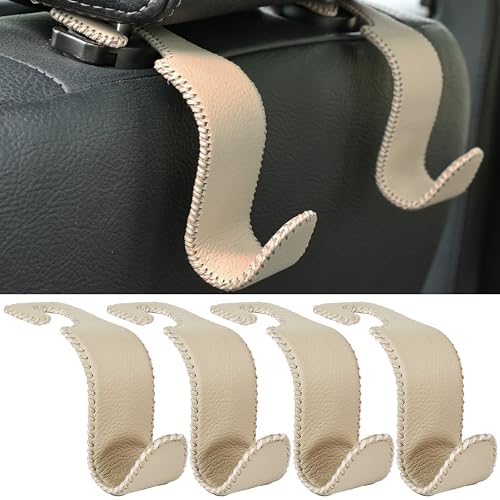 4 Pack Car Headrest Hooks Holds 55lbs Seat Storage Organizer for Bags (Leather Beige)