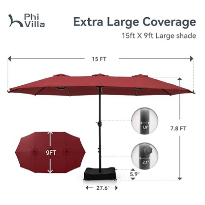 15ft Large Outdoor Patio Umbrella with Base Included (Dark Red)