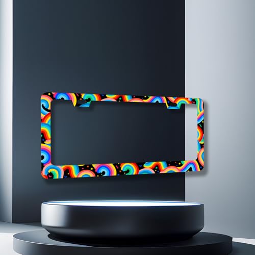 Stainless Steel Colorful Boho Rainbow License Plate Frame 12.2 x 6.2 Inch (Cute Boho Rainbows)