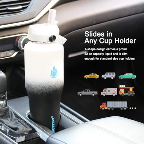 32oz Water Bottle Wide Mouth Stainless Steel Vacuum Insulated Double Wall with 2 Straw Lids Fit in Any Car Cup Holder (Day&Night / 32 Ounces)