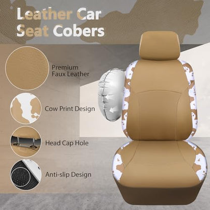 Cow Print Faux Leather Car Seat Covers & Cow Car Mats & Cow Steering Wheel Cover Seat Belt Pads Universal fit for SUV (Cow Print Beige)