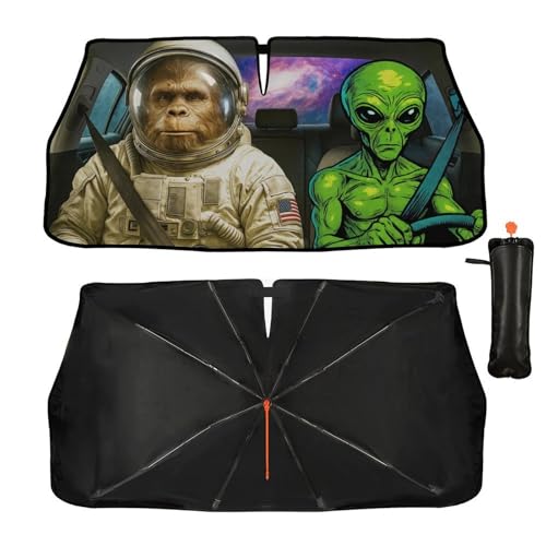 Funny Alien Astronaut Car Windshield Sun Shade Umbrella Bendable Handle Foldable Funny Sunshade for Car Windshield Block UV Rays Keep Vehicle Cool for Most Sedans SUV Trucks Cars 57"x30" (147*75cm,33*11cm / Funny Alien Astronaut)