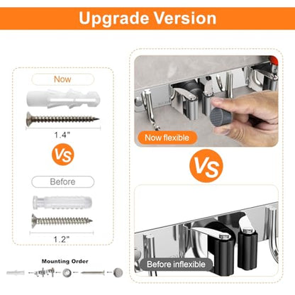 Broom and Mop Organizer Wall Hanging for Laundry Room Organization (Silver / 5 Racks with 4 Hooks)