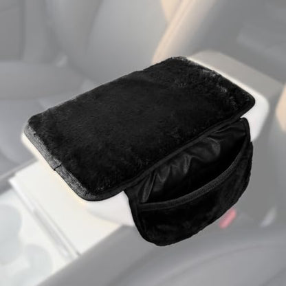 Plush Fuzzy Fur Car Armrest Cover with Side Pockets