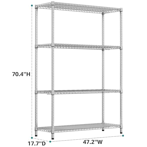 3400 LBS Garage Shelving Wide Storage Shelves 4 Tier Metal Shelves Heavy Duty Adjustable Utility Shelf Rack Chrome 17.7" D x 47.2" W x 70.4" H (4 Tier, 17.7" D x 47.2" W x 70.4" H / Chrome)