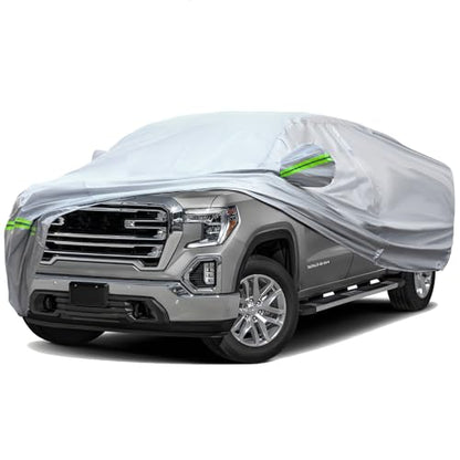 6 Layers Heavy Outdoor Pickup Full Car Cover Hard Shell Zipper Design Waterproof All Weather Weatherproof UV Sun Protection Snow Dust Storm Resistant with Straps (Green reflective strip / Pickup-L ( Fit for Pickup 213"- 237" ))
