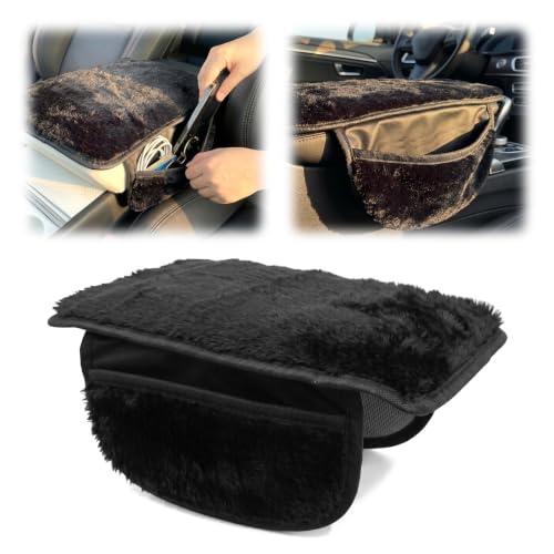 Plush Fuzzy Fur Car Armrest Cover with Side Pockets