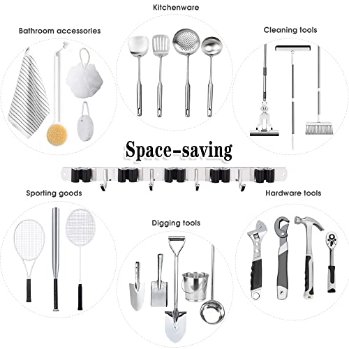 Broom Holder Wall Mount (5 Racks & 4 Hooks (Silver) - 1 Pack)