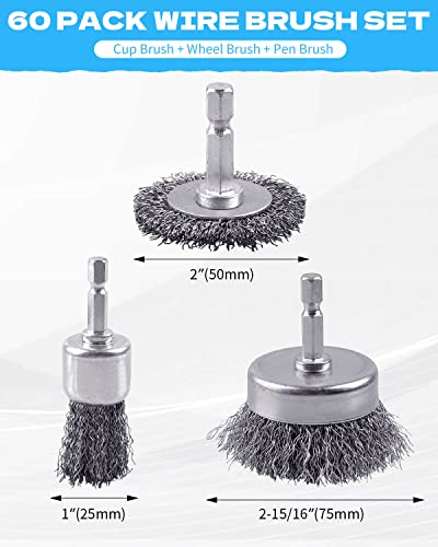 60 Pack Carbon Steel Wire Wheel Brush Set with 1