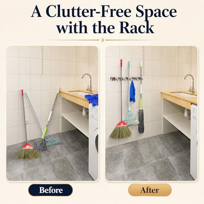 5 Racks and 4 Hooks Mop and Broom Holder Wall Mount (5 Racks 4 Hooks / Silver)