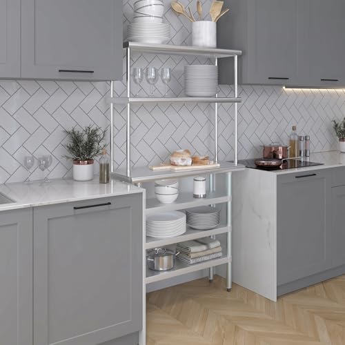 14" x 36" Stainless Steel Work Table with 3 Shelves and 12" Wide Double Tier Overshelf (14" x 36" Table with 3 Shelves + 12" Overshelf)