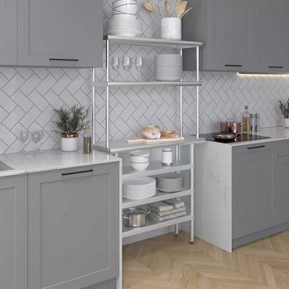 14" x 36" Stainless Steel Work Table with 3 Shelves and 12" Wide Double Tier Overshelf (14" x 36" Table with 3 Shelves + 12" Overshelf)