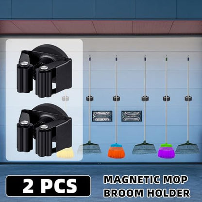 2 Pcs Magnetic Broom Holder Wall Mounted Anti Slip Rack (Black)