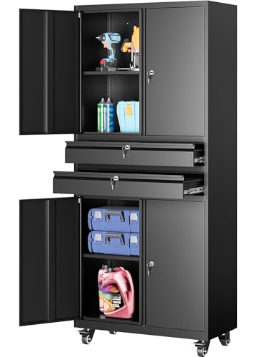 Metal Storage Cabinet with Wheels and Drawers (73"H x 31.5"W x 16"D-B / Black)