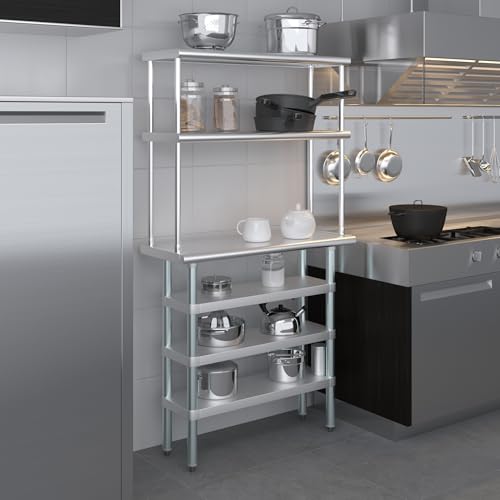 14" x 36" Stainless Steel Work Table with 3 Shelves and 12" Wide Double Tier Overshelf (14" x 36" Table with 3 Shelves + 12" Overshelf)