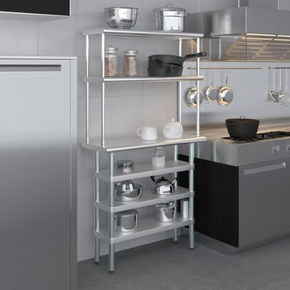 14" x 36" Stainless Steel Work Table with 3 Shelves and 12" Wide Double Tier Overshelf (14" x 36" Table with 3 Shelves + 12" Overshelf)
