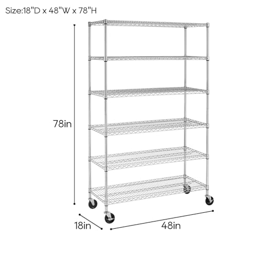 6 Tier Wire Shelf with Wheels (Chrome / 18"D x 48"W x 77"H)