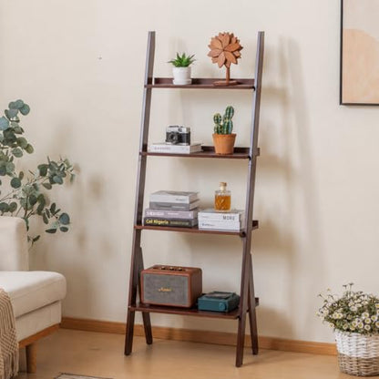 Bamboo Ladder Shelf Bookcase (4 Tier / Walnut)