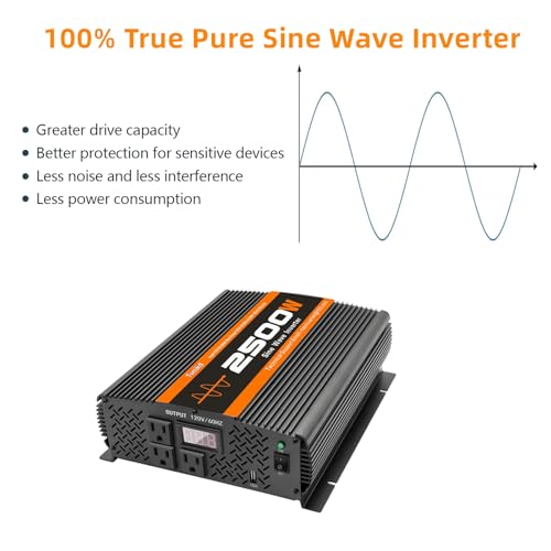 2500W Inverter Pure sine Wave RV Inverter Power Inverter 12V to 110 for Car Truck semi Truck Vehicles (S-2500)
