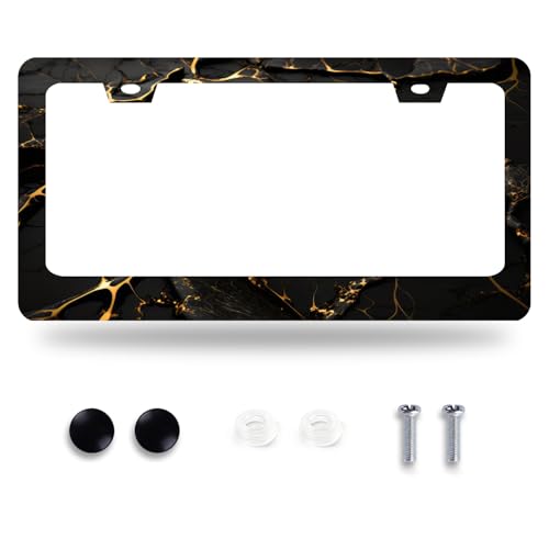 Marble Print License Plate Frame Stainless Steel Car Accessory 6.3x12.3Inch (Black Gold Marble Pattern)