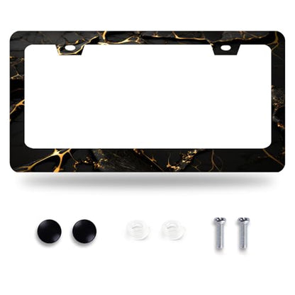 Marble Print License Plate Frame Stainless Steel Car Accessory 6.3x12.3Inch (Black Gold Marble Pattern)