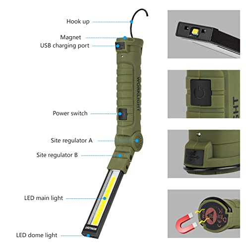4 Pack Rechargeable LED Work Lights with Magnetic Base and 360° Rotation (Green / 4 Pack)