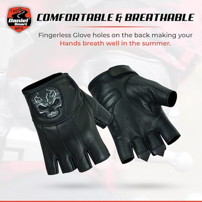Daniel Smart Men's Motorcycle Leather Gloves with Reflective Skull Short Glove & Touch Screen Fingertips (FINGERLESS GLOVE / X-Small)