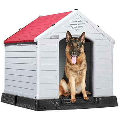 Durable Waterproof Plastic Dog House for Small to Large Sized Dogs (Red / 34"L x 31"W x 32"H)
