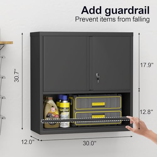 Locking Metal Garage Wall Cabinet with Doors and Shelf (Black / 31"H)