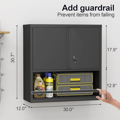 Locking Metal Garage Wall Cabinet with Doors and Shelf (Black / 31"H)