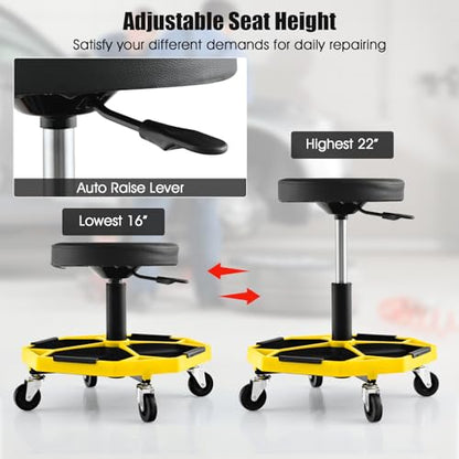 Rolling Mechanic Stool with Removable Tool Tray & Padded Cushion (Bottom Tool Tray / Yellow)