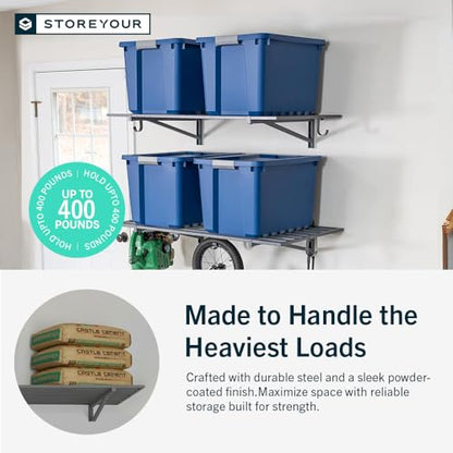 Garage Wall Shelf (Hammered Gray / 2x4ft 2-Pack Shelf | 200lb Each | 6 Hooks)