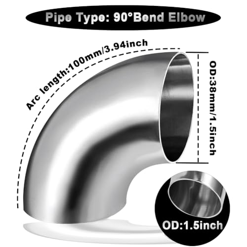 OD 1.5 Inch 90 Degree SS304 Stainless Steel Bend Tube Exhaust Elbow Pipe for Car Modified Exhaust System 1.5" Piping Silver Tone (1.5”)