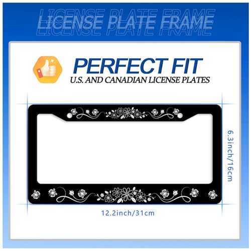 Daisy Butterfly License Plate Frame Stainless Steel Decoration 12.3"x6.3" (Black White Beautiful Butterflies)