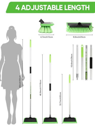 2 in 1 Car Wash Brush with Squeegee PBT Soft Bristle Truck Scrub Detail Brush 60” 151cm with Adjustable Long Handle for Interior Exterior Car Truck RV Boat Deck House Siding Cleaning Sweep Snow