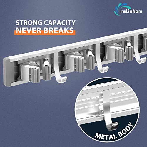 Broom Holder Wall Mount Mop Hanger Tools organizer 5Racks4Hooks (Silver)