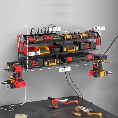 Large Garage Tools Storage with Charging Station. Power Tool Battery Organizer Utility Shelf with Power Strip. 4 Drills Holder Wall Mount Rack (Large / 3 Layer)