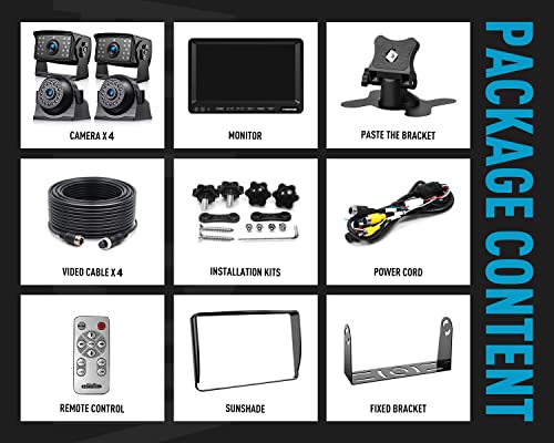 HD 1080P 7" Wired Backup Camera System with Side & Rear Cameras (Carbon Black / 7"-4 Cam)