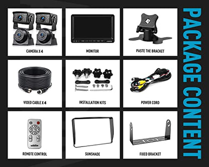 HD 1080P 7" Wired Backup Camera System with Side & Rear Cameras (Carbon Black / 7"-4 Cam)