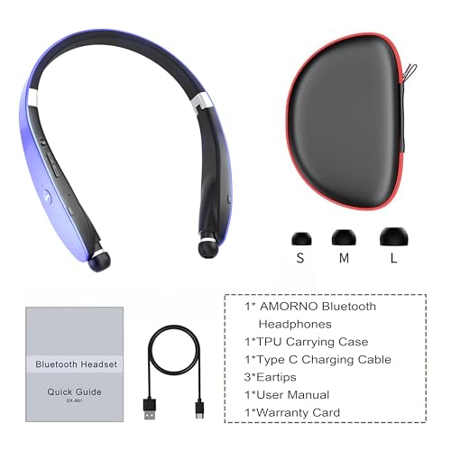 Foldable Bluetooth Headphones Wireless Neckband Headset with Retractable Earbuds (Purple)