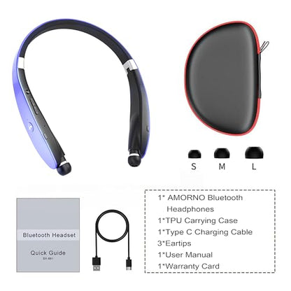 Foldable Bluetooth Headphones Wireless Neckband Headset with Retractable Earbuds (Purple)