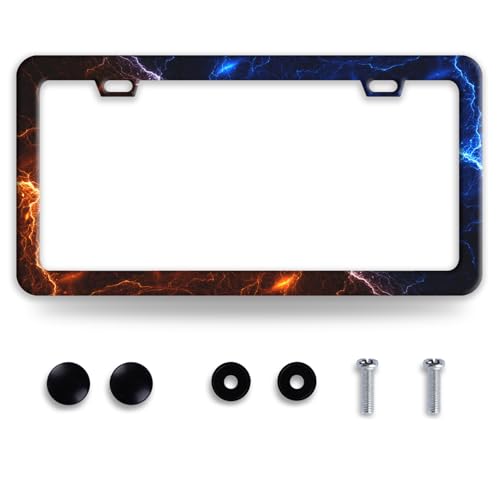 Red Blue Lightning Stainless Steel License Plate Frame for US Cars Decor (Red Blue Lightning)