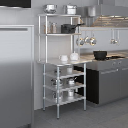 24" x 30" Stainless Steel Work Table with 3 Shelves and 12" Wide Double Tier Overshelf (24" x 30" Table with 3 Shelves + 12" Overshelf)