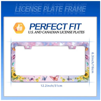 Butterfly Sunflower License Plate Frame Stainless Steel Holder 12.3"x6.3" (Colorful Butterfly Yellow Sunflowers)